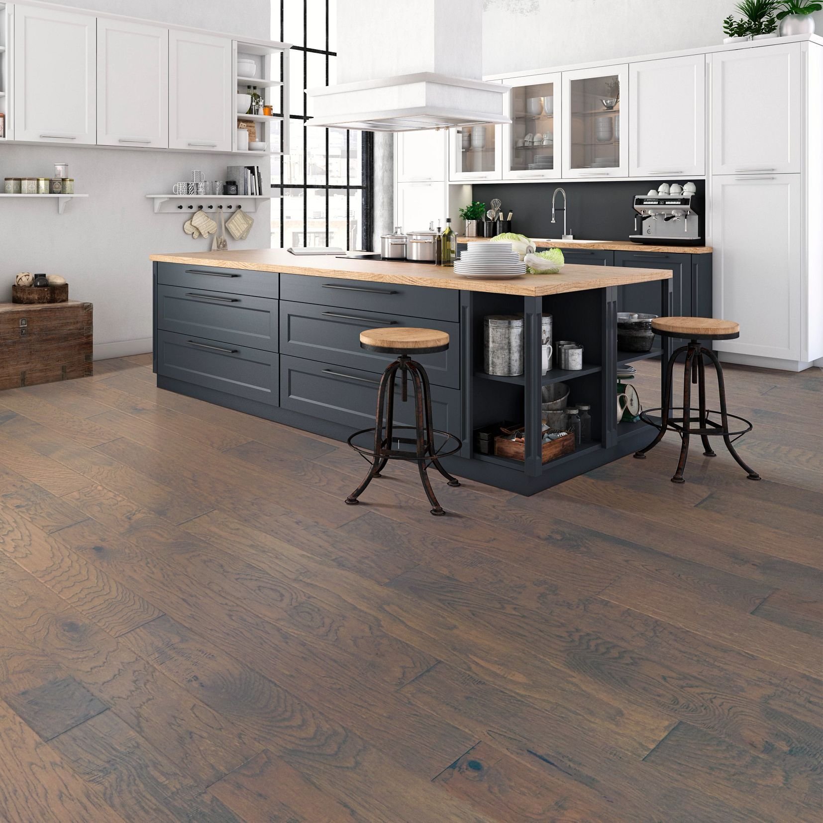 Kitchen with black cabinets and dark hardwood flooring from 180 Degree Floors in the Nashville, TN area