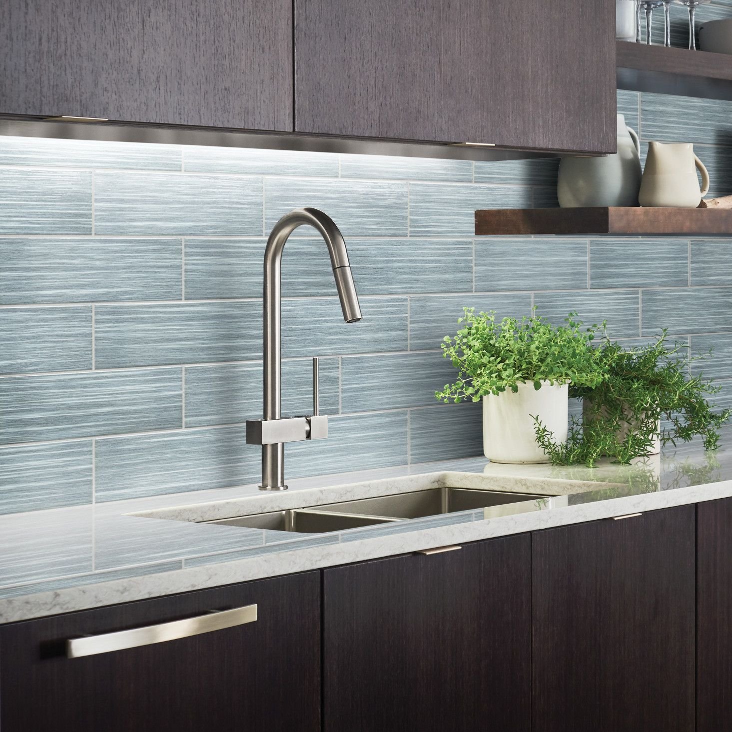 Kitchen with blue tiled backsplash from 180 Degree Floors in the Nashville, TN area